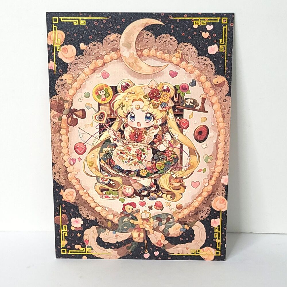 Ornate Chibi Sailor Moon Double Waifu Card Anime Girl Wall Art Oversize Board A5